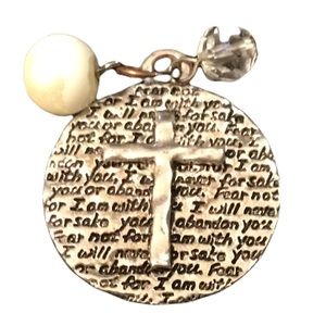 Scripture pendant with cross silver tone pearl and clear color drops